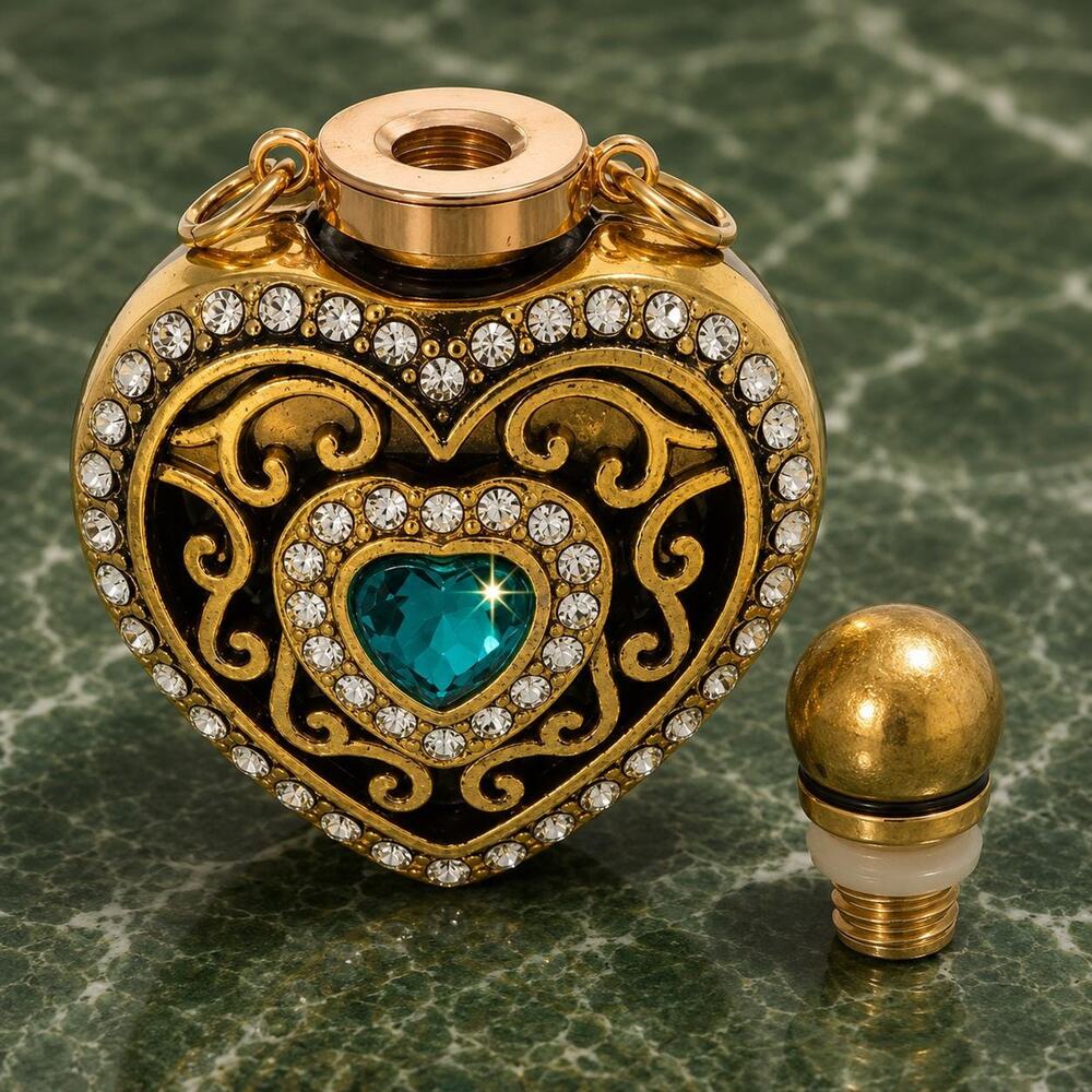 Vintage Puff Heart Pendant Bottle, Antique Gold Rhinestone Teal Crystal Keepsake